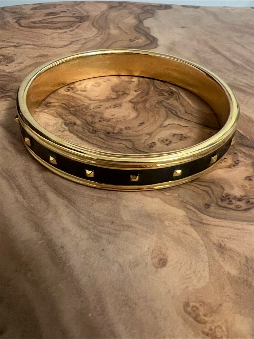 Vintage 1980s signed Monet Gold Tone and Black Enamel Studded Bangle Bracelet